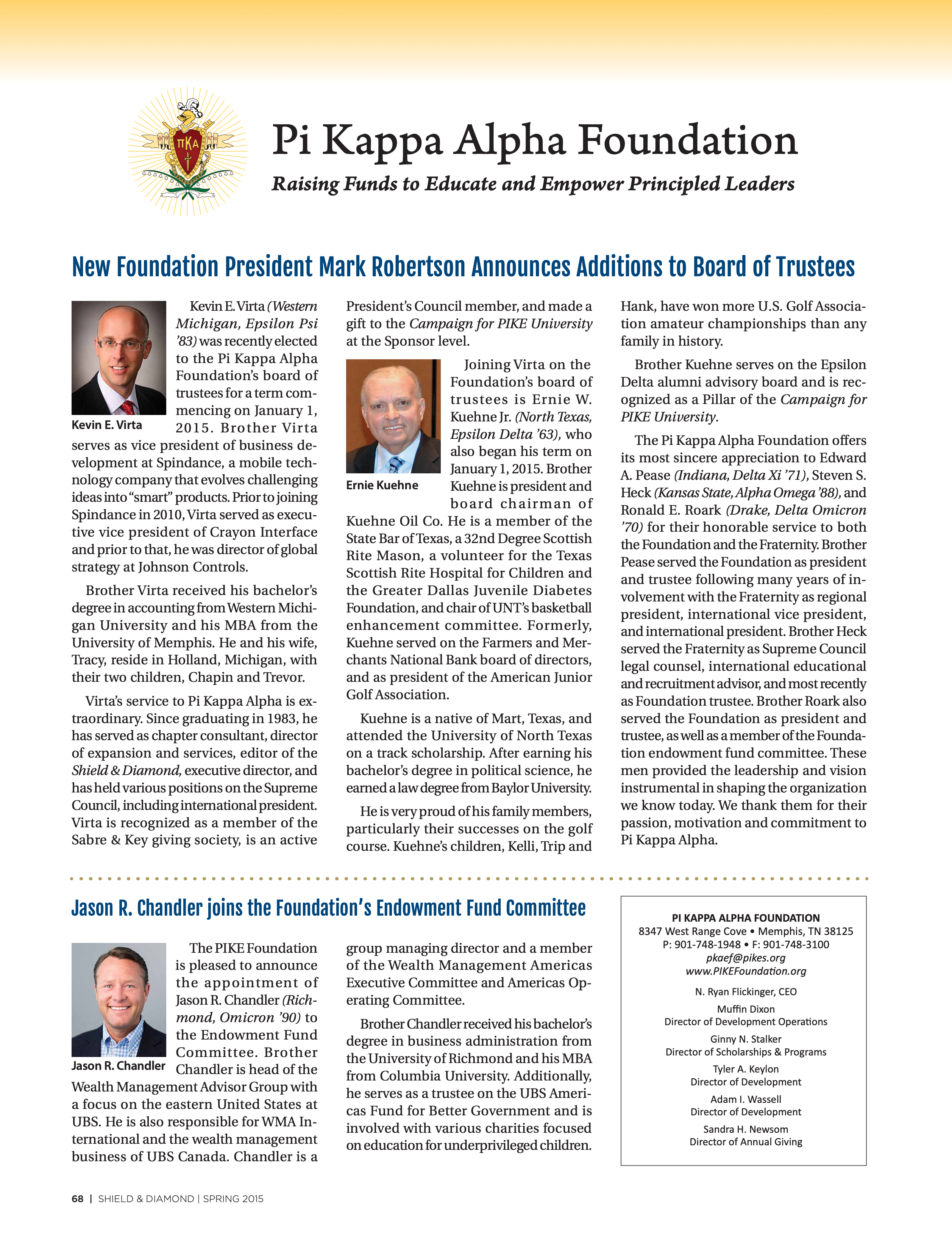 Pi Kappa Alpha Foundation: New Foundation President Mark Robertson Additions To Board of Trustees